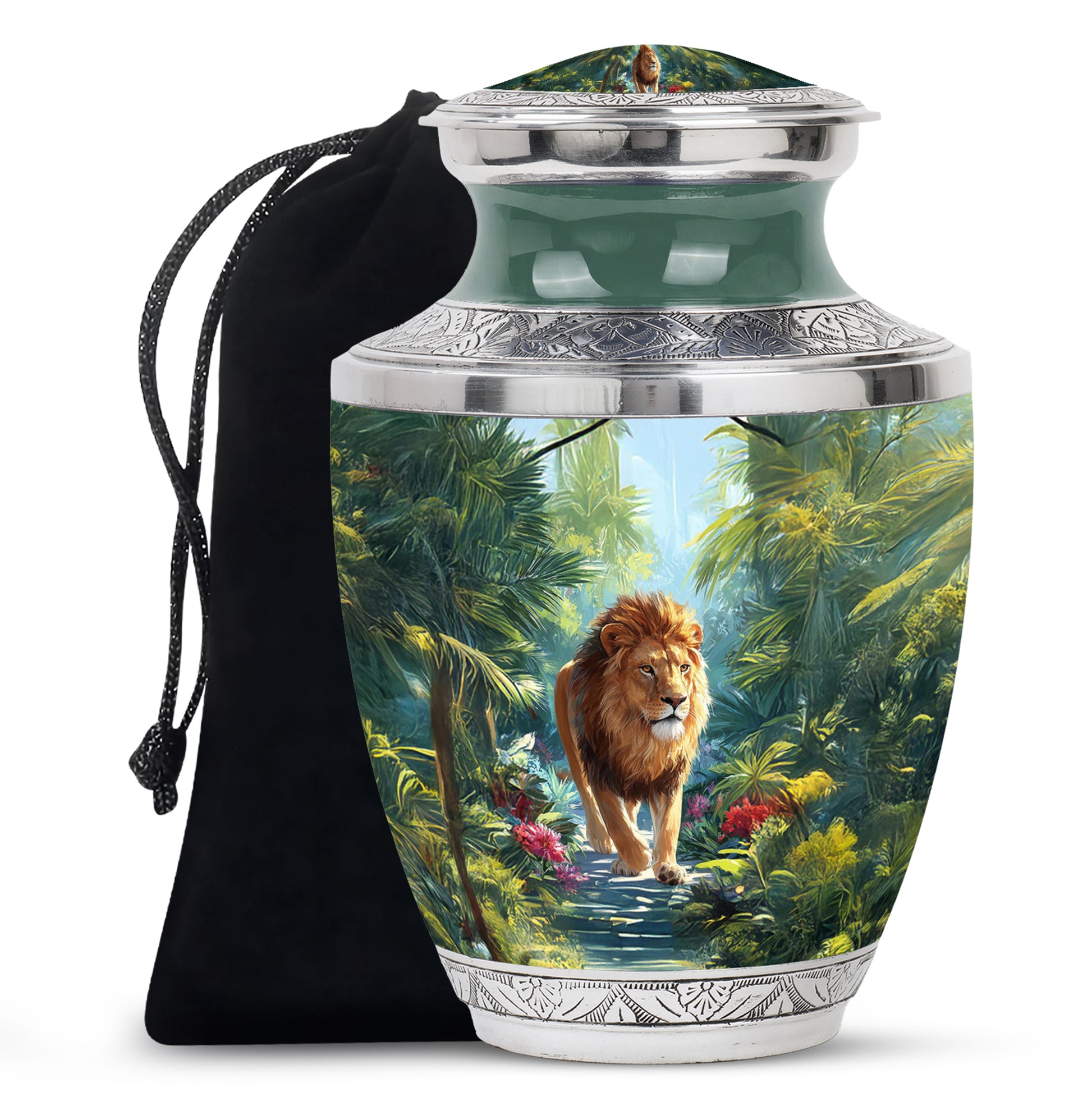 Jungle Lion Memorial Urn - Tropical Forest Cremation Urn For Dad