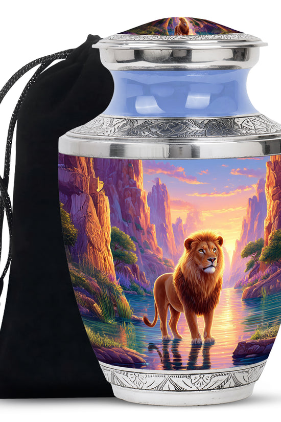 Lion Sunset Funeral Urn - Purple Aluminium Cremation Urn For Human Ashes