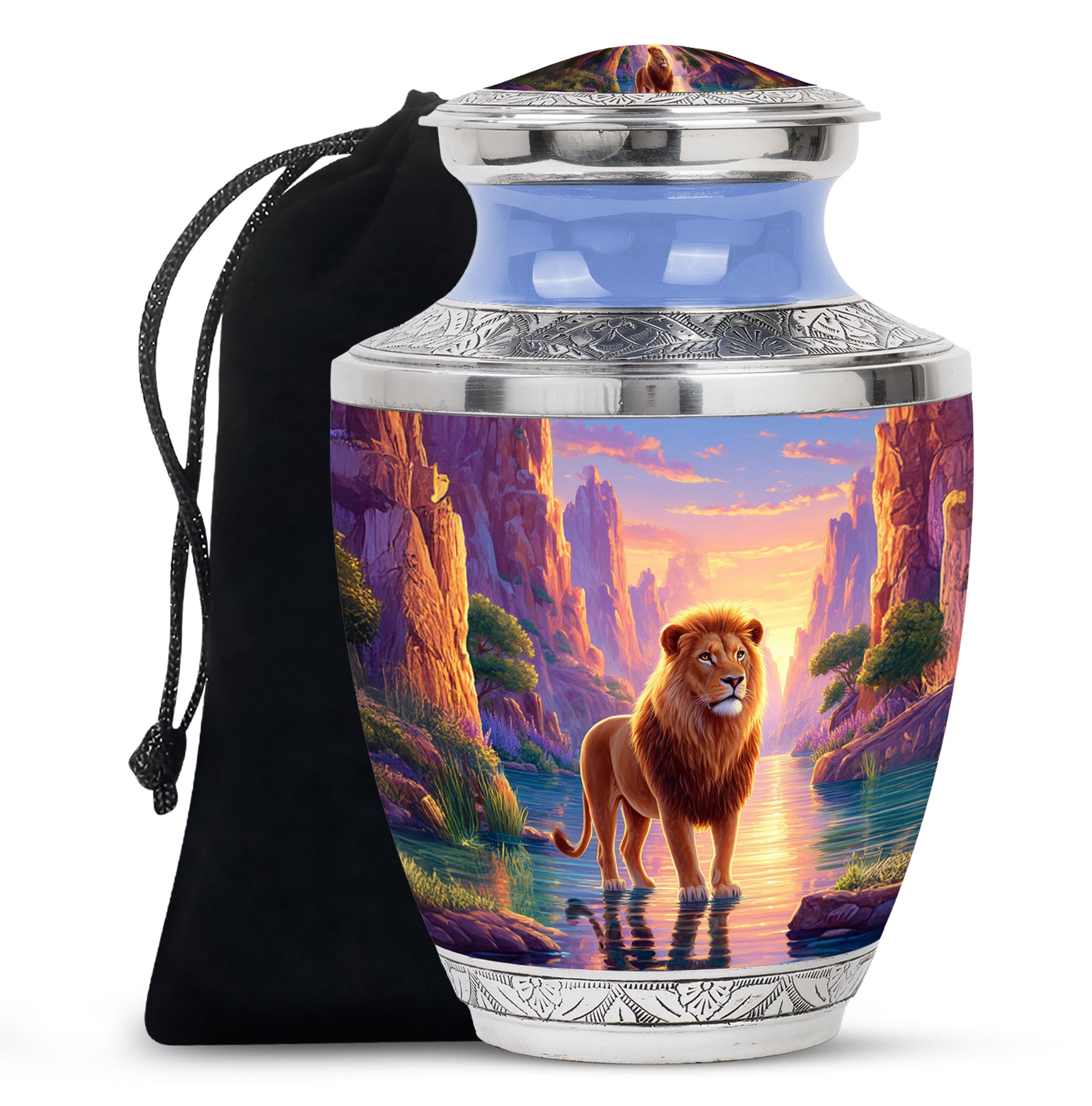 Lion Sunset Funeral Urn - Purple Aluminium Cremation Urn For Human Ashes