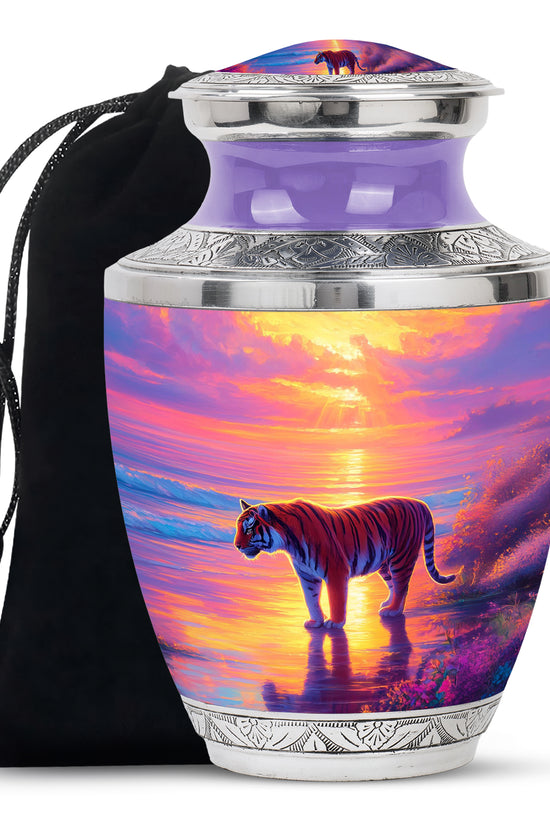 Tiger Themed Memorial Urn - Sunset Scene Cremation Urn For Adult Ashes