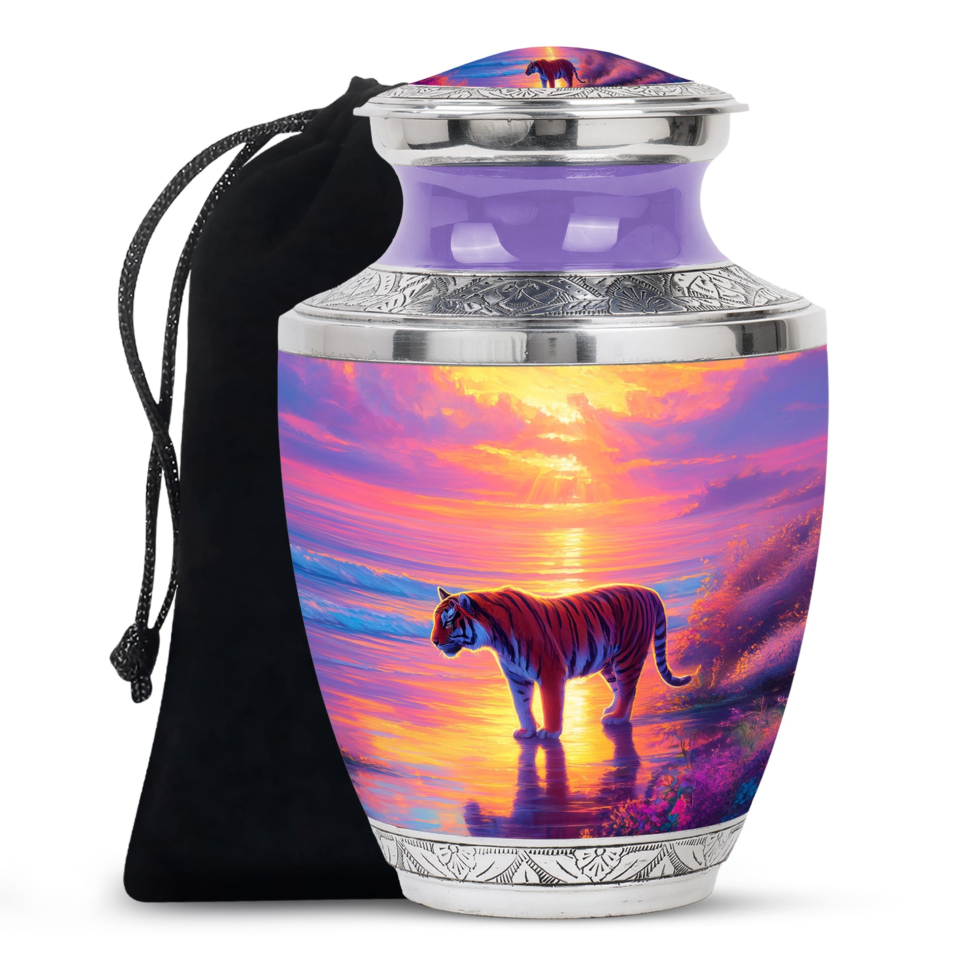 Tiger Themed Memorial Urn - Sunset Scene Cremation Urn For Adult Ashes