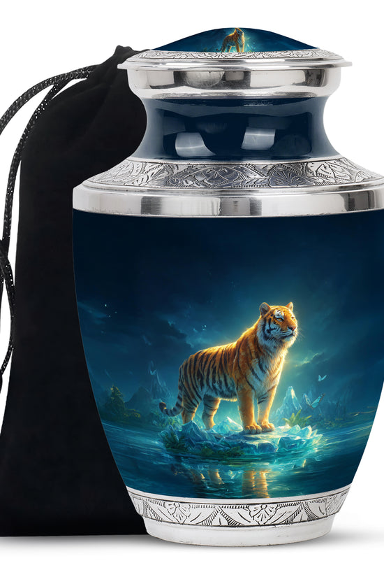 Mystical Tiger Funeral Urn - Blue Crystal Memorial Urn For Adult Ashes