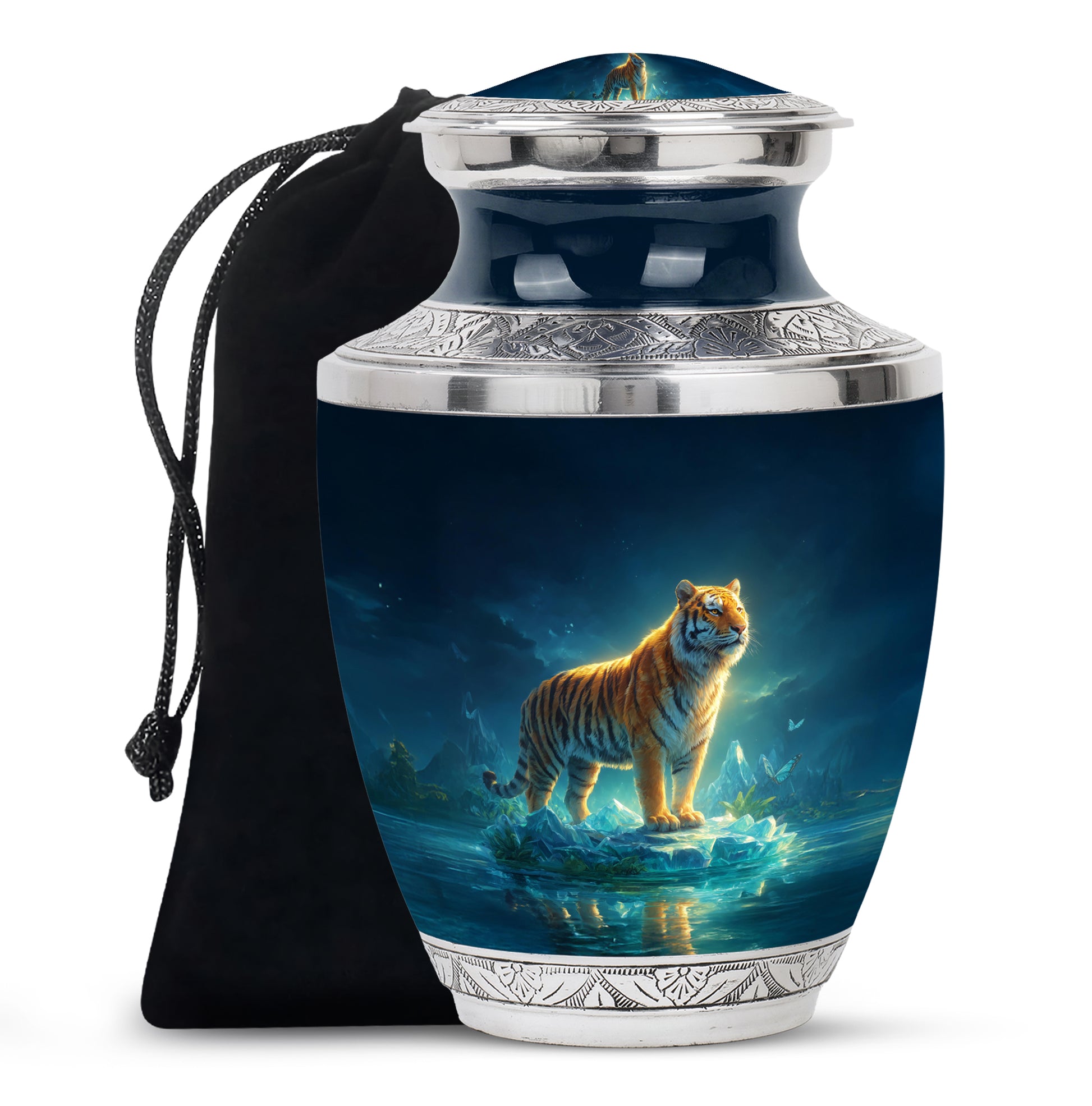 Mystical Tiger Funeral Urn - Blue Crystal Memorial Urn For Adult Ashes