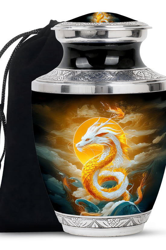 White Gold Dragon Cremation Urn - Aluminium Funeral Urn For Ashes