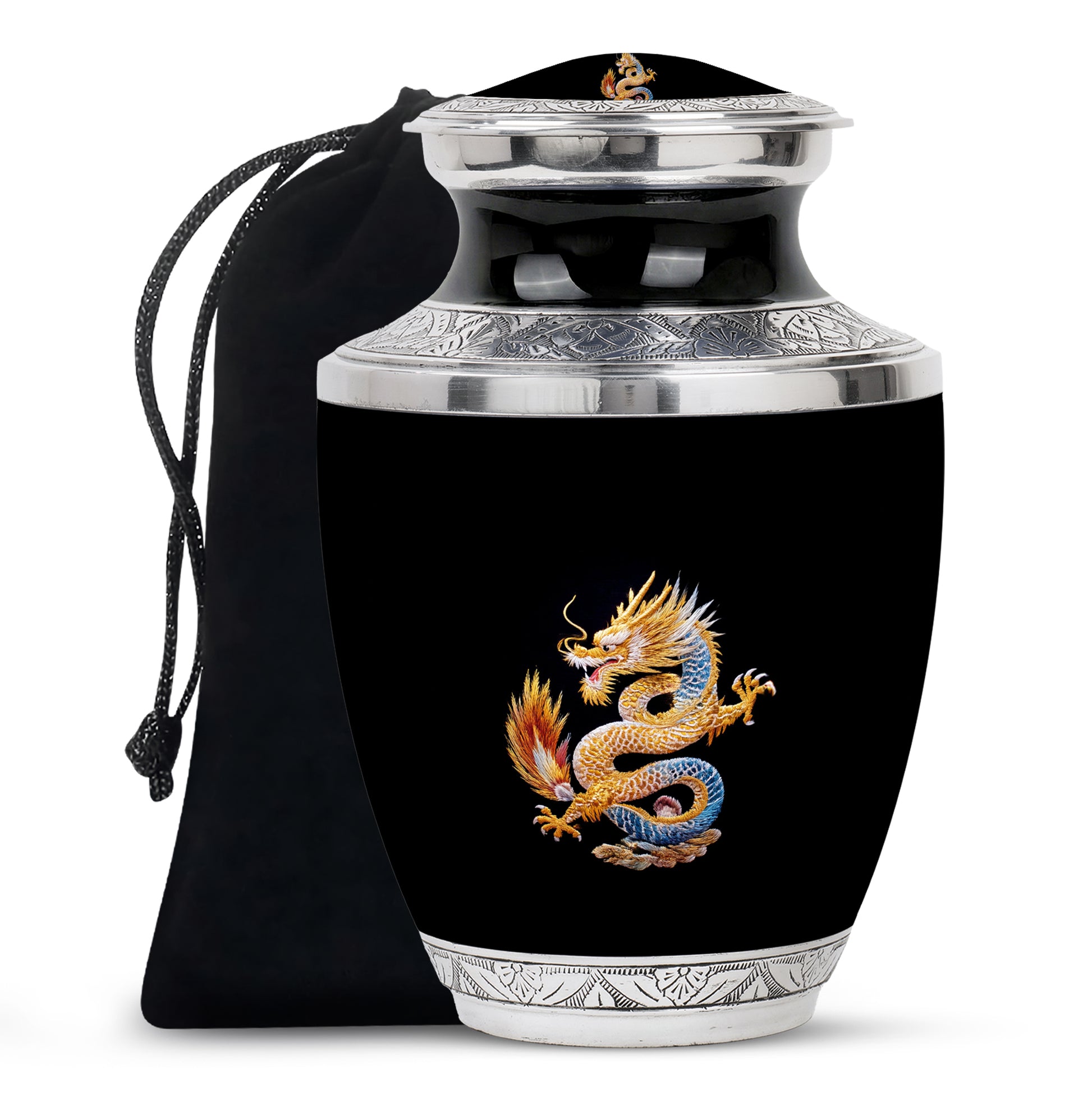 Dragon Theme Cremation Urn - Black Aluminium Memorial Urn For Human Ashes
