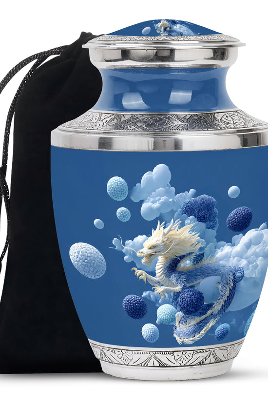 Blue Dragon Cremation Urn - Fantasy Cloud Design Memorial Urn For Burial