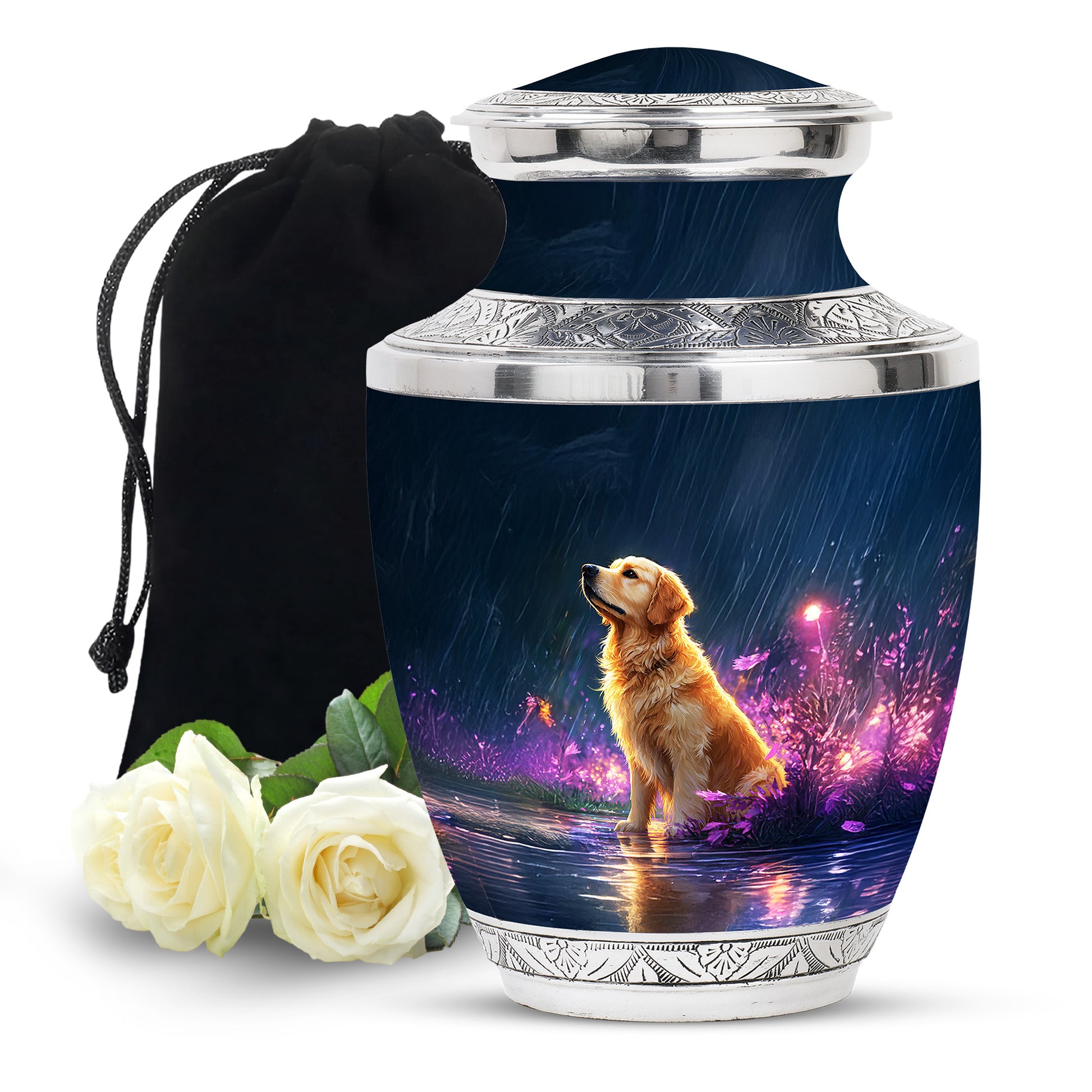 Golden Retriever Memorial Urn - Glowing Flowers Cremation Urn For Pet Dog
