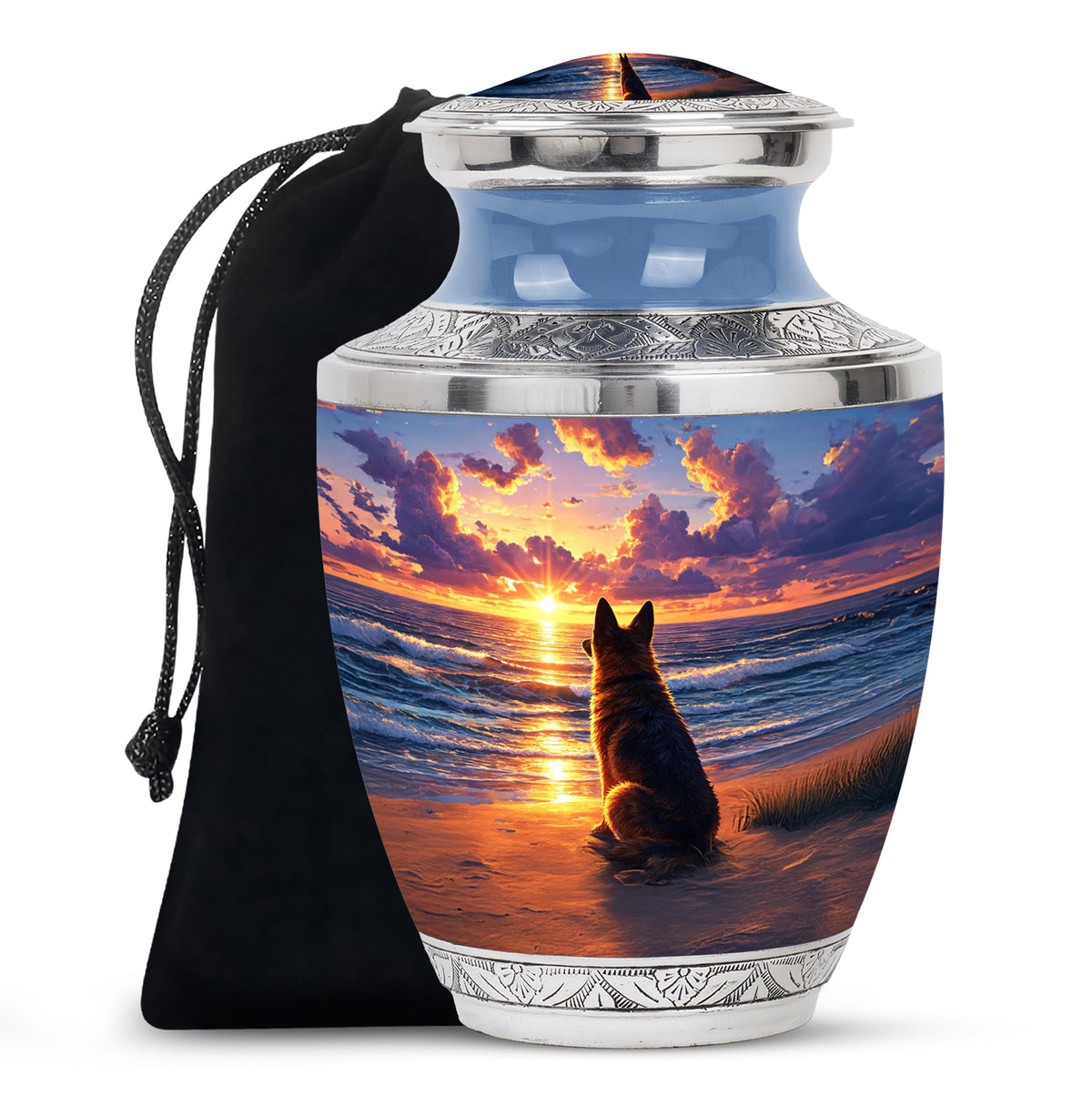 German Shepherd Tribute Funeral Urn - Ocean Sunset Memorial For Dog Ashes