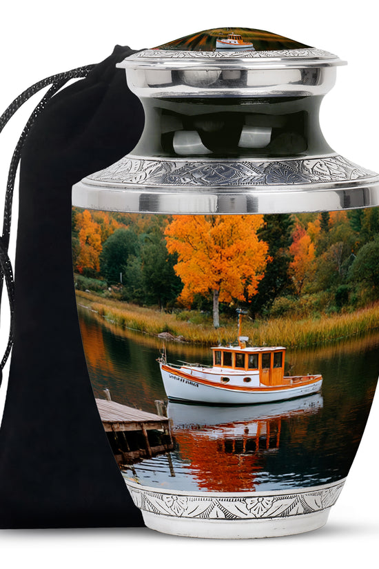 Boat Scenic Cremation Urn - Autumn Lake Memorial Urn For Ashes