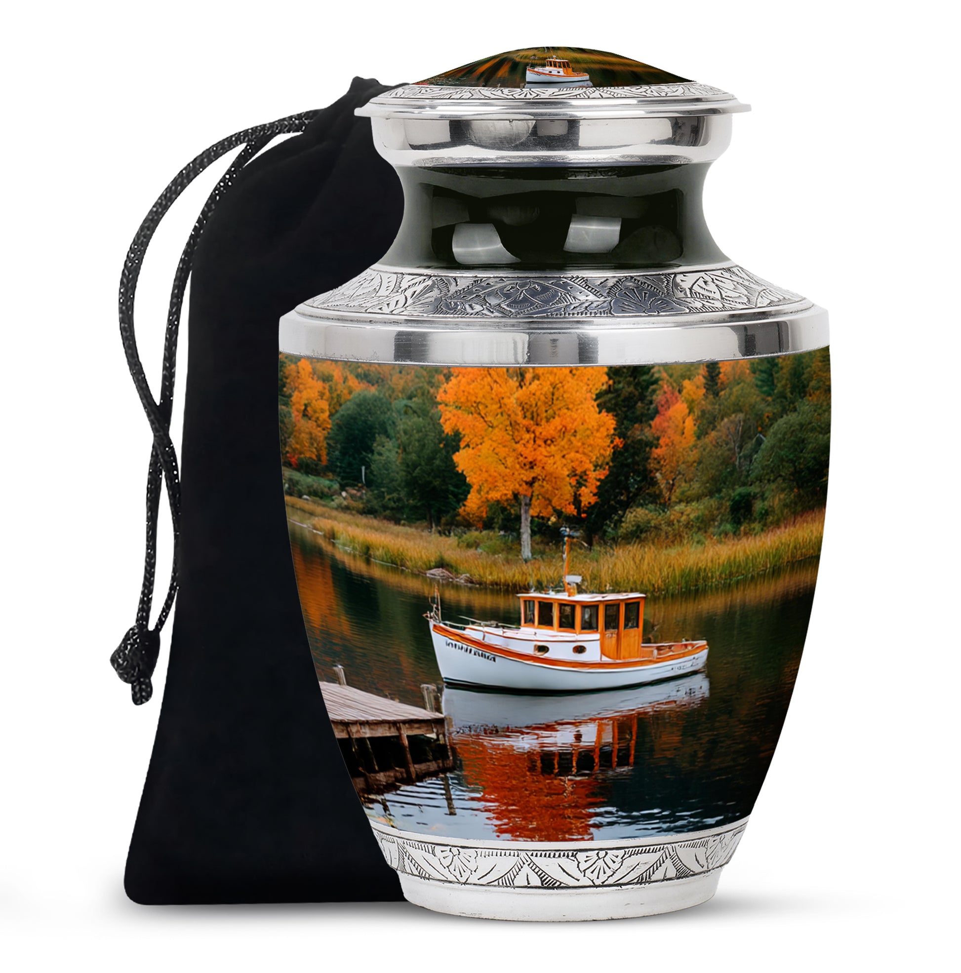 Boat Scenic Cremation Urn - Autumn Lake Memorial Urn For Ashes