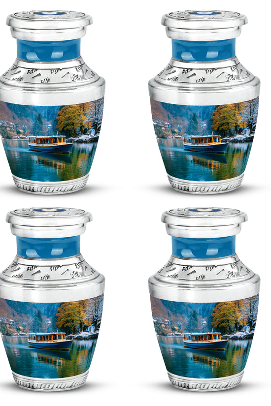 Bright Blue Boat Cremation Urn back view with polished surface - stylized abstract boat pattern with bold lines - 10 inch aluminum urn for cremated remains