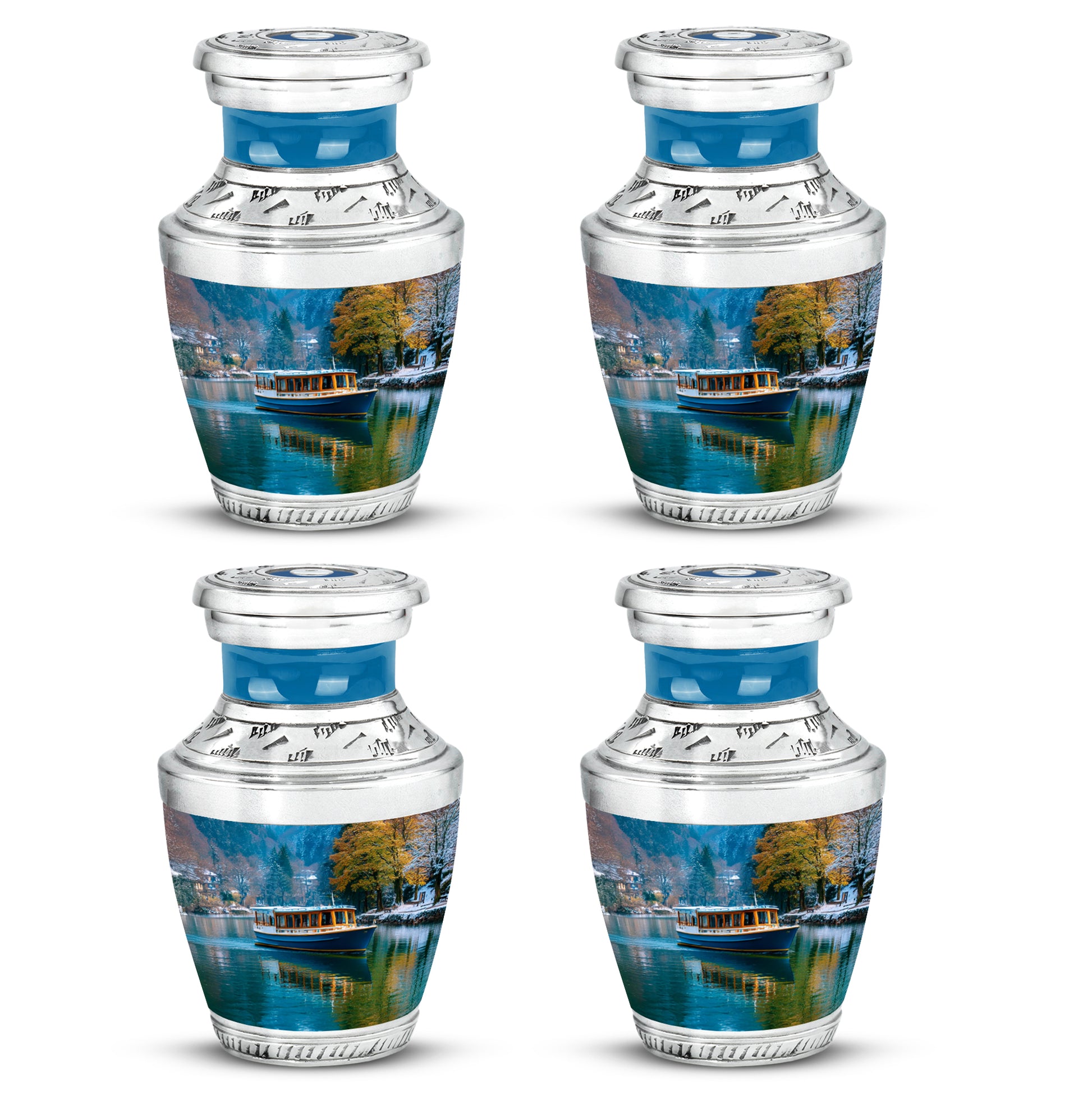 Bright Blue Boat Cremation Urn back view with polished surface - stylized abstract boat pattern with bold lines - 10 inch aluminum urn for cremated remains