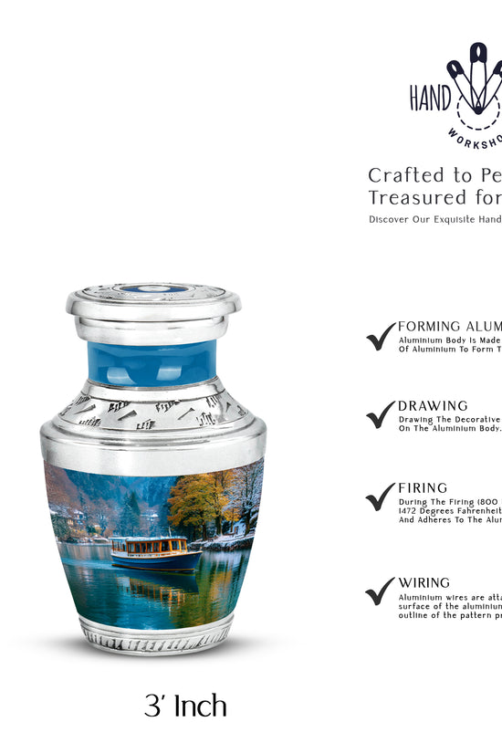 Twilight Blue Boat Cremation Urn top-down view of secure threaded lid - stylized abstract boat pattern with bold lines - mini keepsake memorial for portion of cremation ashes