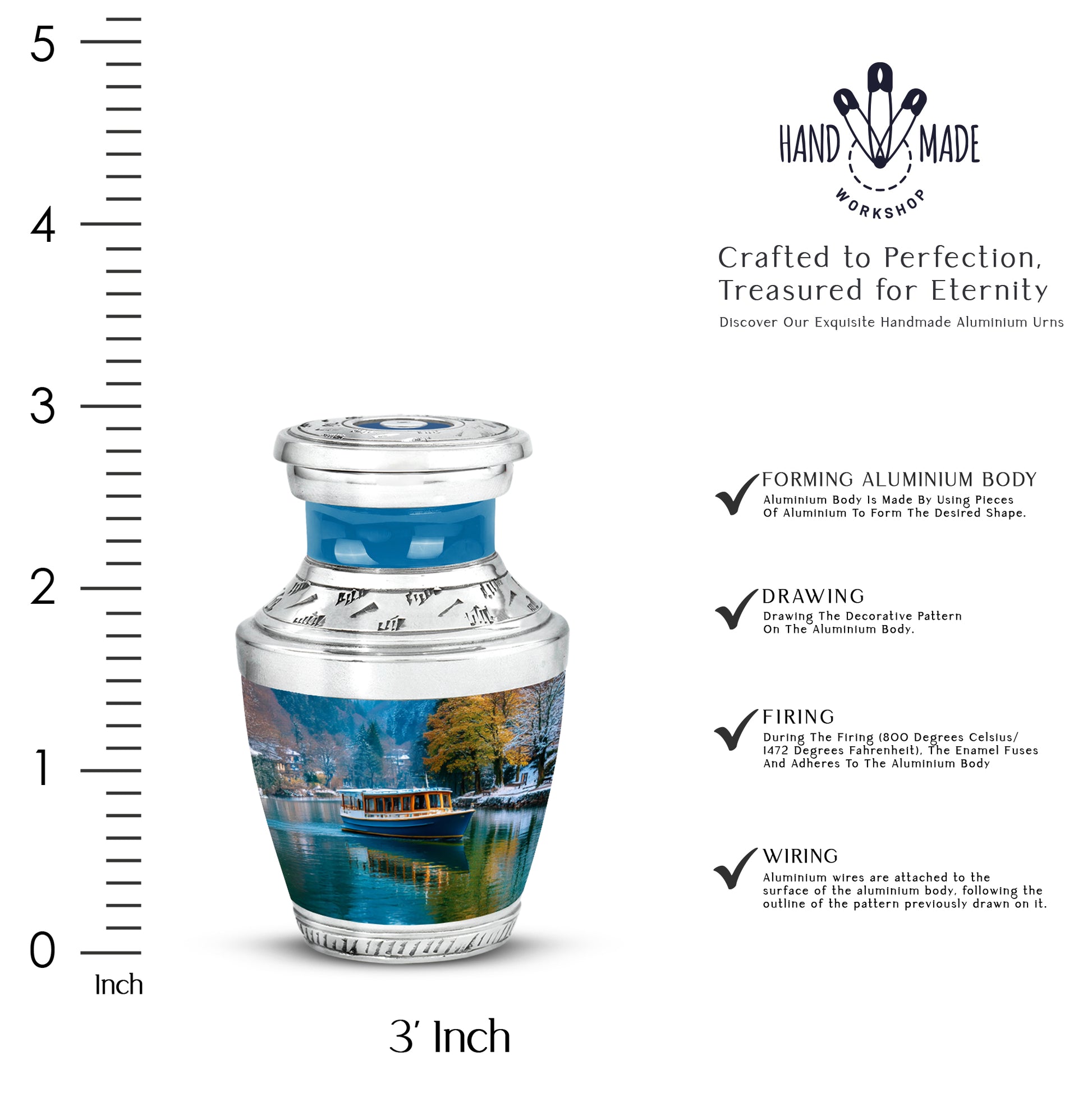 Twilight Blue Boat Cremation Urn top-down view of secure threaded lid - stylized abstract boat pattern with bold lines - mini keepsake memorial for portion of cremation ashes