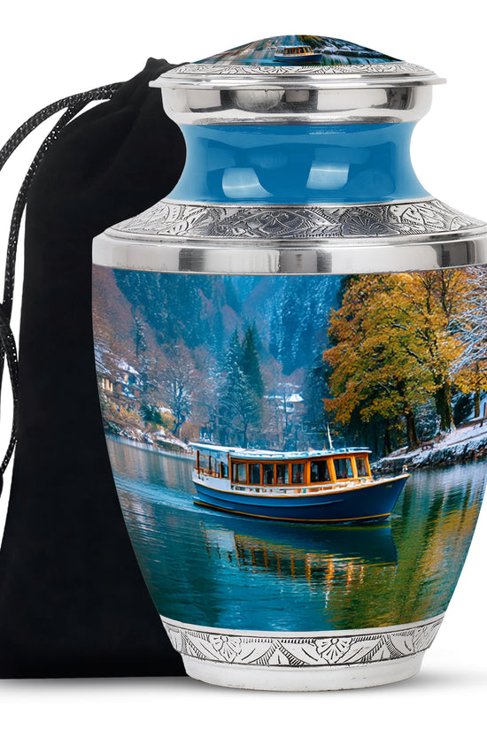 Navy Blue Boat Cremation Urn side profile showing urn shape - modern art-inspired boat motif on sleek aluminum - full-size 10 inch 200 cubic inch adult cremation urn