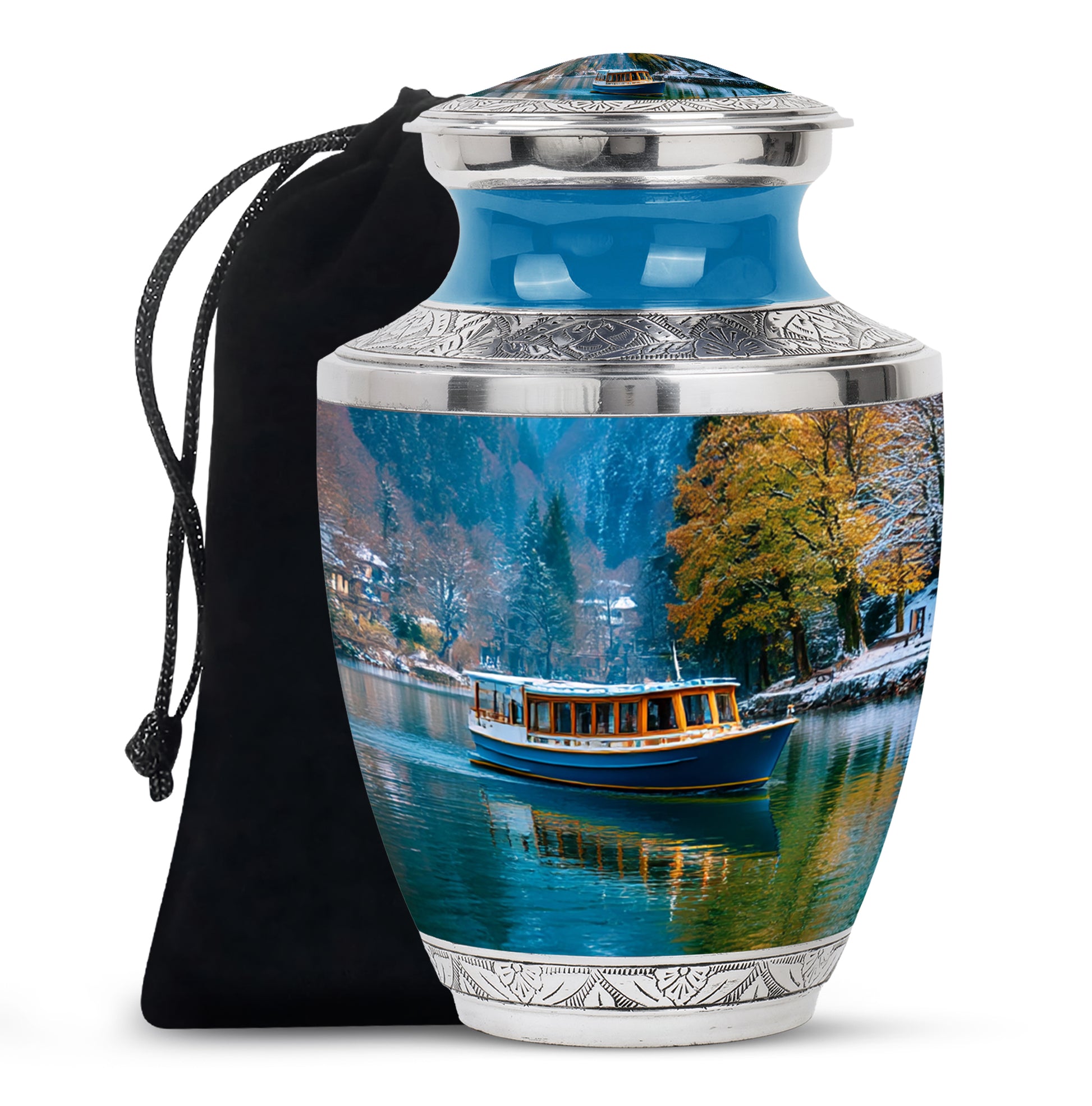 Navy Blue Boat Cremation Urn side profile showing urn shape - modern art-inspired boat motif on sleek aluminum - full-size 10 inch 200 cubic inch adult cremation urn