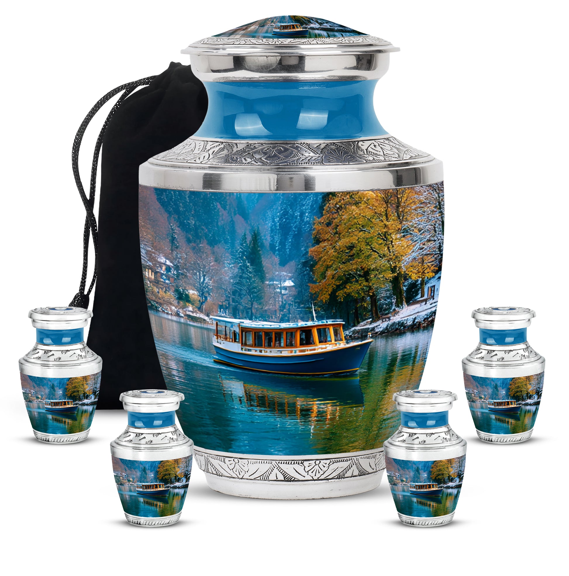 Twilight Blue Boat Cremation Urn lifestyle display on memorial shelf - artistic boat interpretation with creative detail - memorial set with one large and four small urns