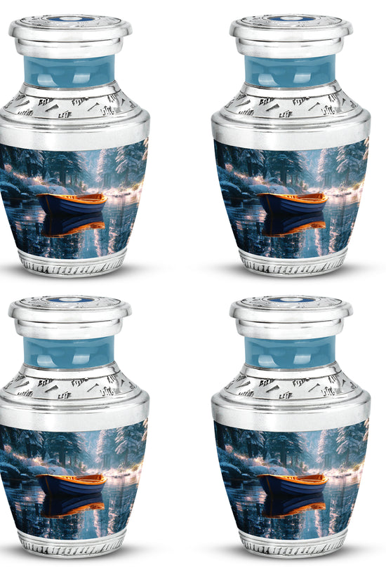Vivid Teal Boat Cremation Urn back view with polished surface - artistic boat interpretation with creative detail - 10 inch aluminum urn for cremated remains