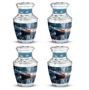 Vivid Teal Boat Cremation Urn back view with polished surface - artistic boat interpretation with creative detail - 10 inch aluminum urn for cremated remains