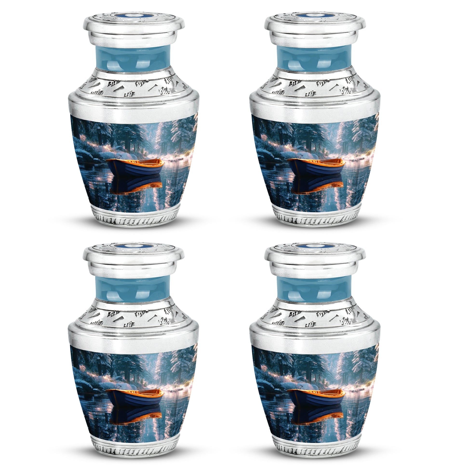 Vivid Teal Boat Cremation Urn back view with polished surface - artistic boat interpretation with creative detail - 10 inch aluminum urn for cremated remains
