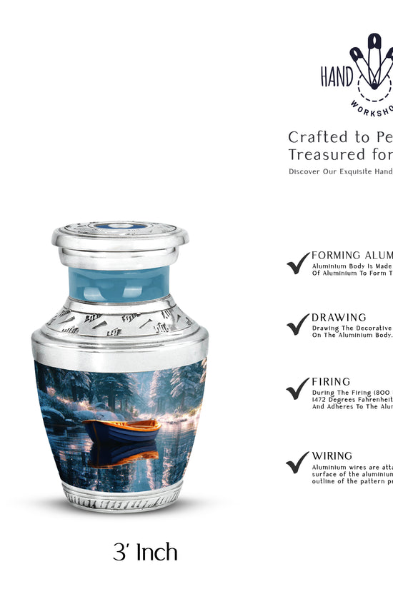 Mystic Teal Boat Cremation Urn top-down view of secure threaded lid - stylized abstract boat pattern with bold lines - mini keepsake memorial for portion of cremation ashes
