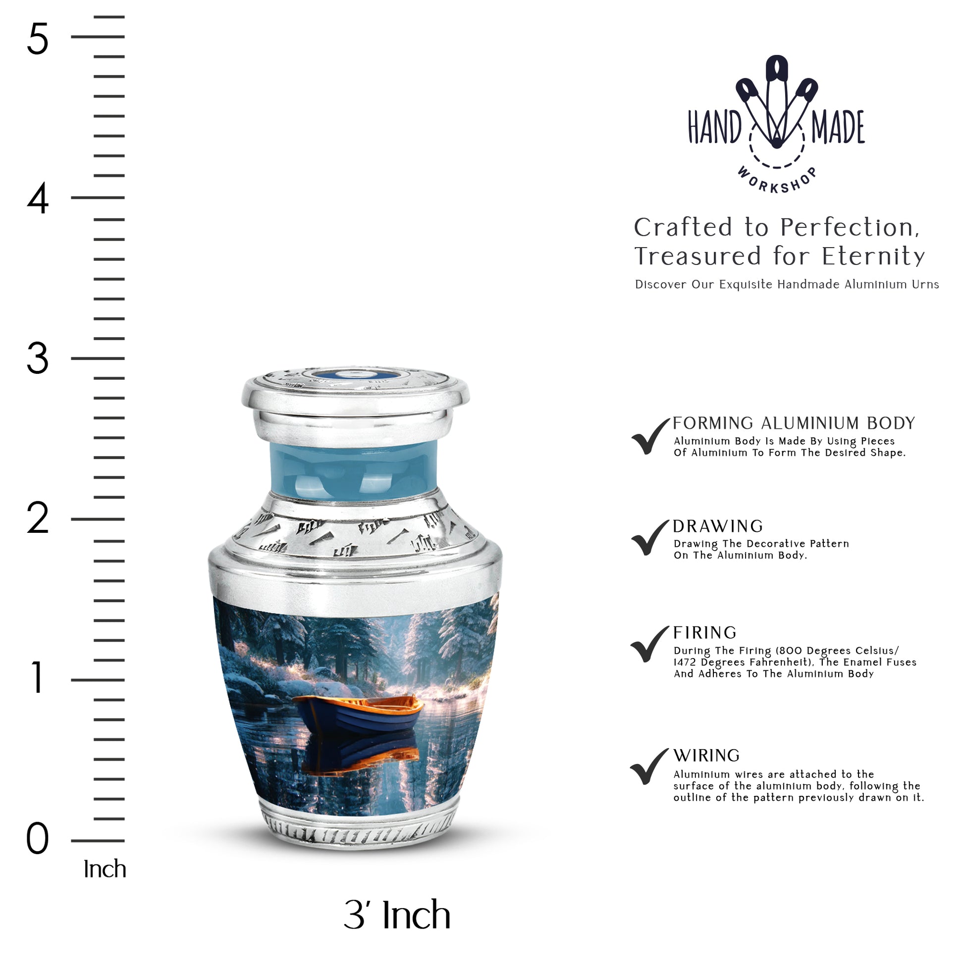 Mystic Teal Boat Cremation Urn top-down view of secure threaded lid - stylized abstract boat pattern with bold lines - mini keepsake memorial for portion of cremation ashes