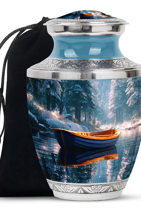 Vivid Teal Boat Cremation Urn side profile showing urn shape - artistic boat interpretation with creative detail - full-size 10 inch 200 cubic inch adult cremation urn