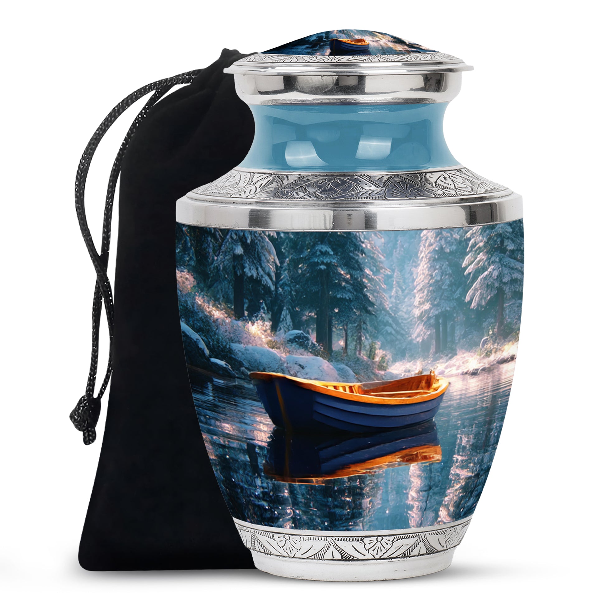 Vivid Teal Boat Cremation Urn side profile showing urn shape - artistic boat interpretation with creative detail - full-size 10 inch 200 cubic inch adult cremation urn