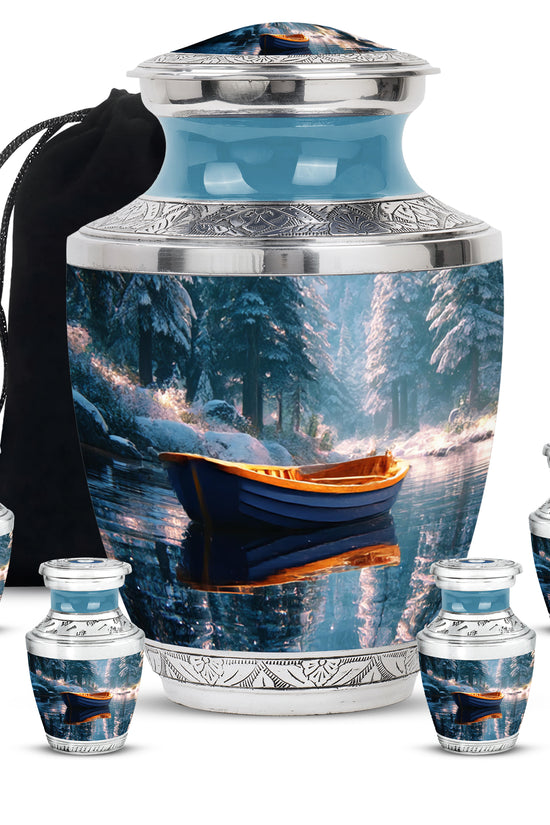 Jewel Teal Boat Cremation Urn lifestyle display on memorial shelf - contemporary boat design with modern artistic flair - memorial set with one large and four small urns