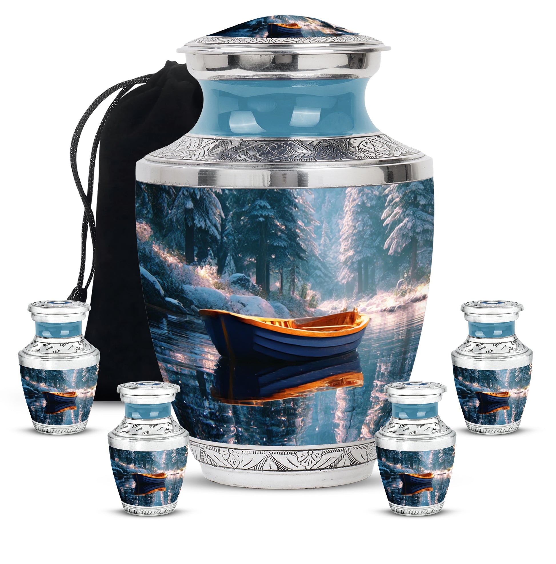 Jewel Teal Boat Cremation Urn lifestyle display on memorial shelf - contemporary boat design with modern artistic flair - memorial set with one large and four small urns