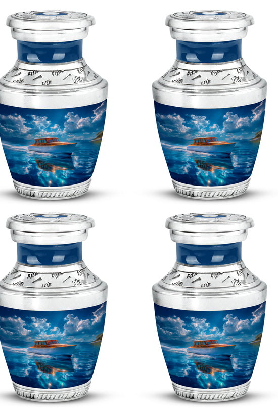 Misty Blue Boat Cremation Urn back view with polished surface - contemporary boat design with modern artistic flair - 10 inch aluminum urn for cremated remains