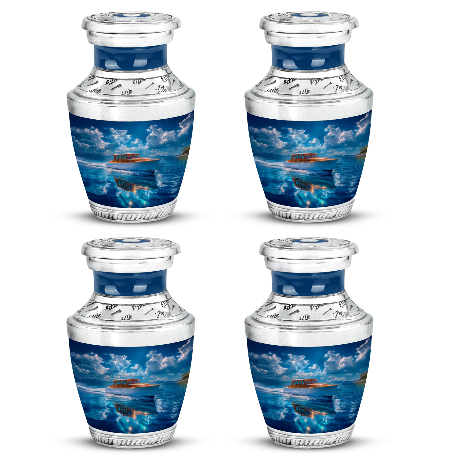 Misty Blue Boat Cremation Urn back view with polished surface - contemporary boat design with modern artistic flair - 10 inch aluminum urn for cremated remains