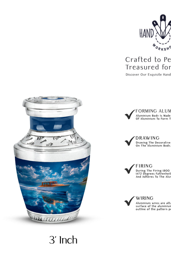 Royal Blue Boat Cremation Urn top-down view of secure threaded lid - artistic boat interpretation with creative detail - mini keepsake memorial for portion of cremation ashes