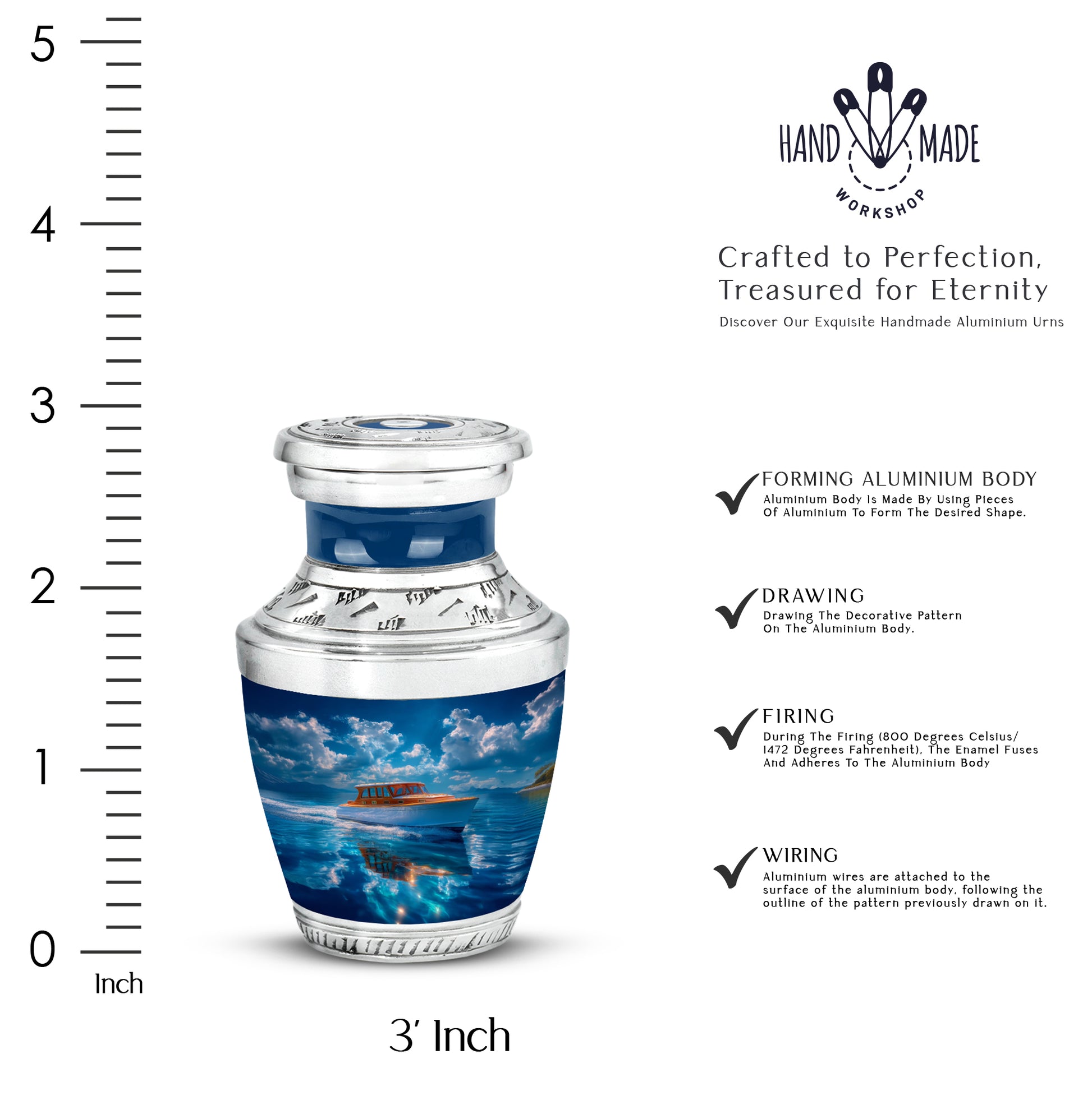Royal Blue Boat Cremation Urn top-down view of secure threaded lid - artistic boat interpretation with creative detail - mini keepsake memorial for portion of cremation ashes
