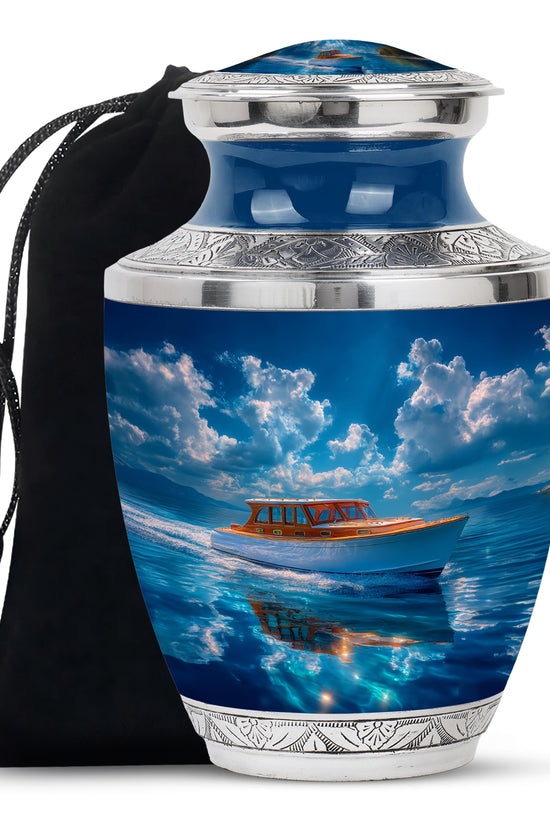 Powder Blue Boat Cremation Urn side profile showing urn shape - contemporary boat design with modern artistic flair - full-size 10 inch 200 cubic inch adult cremation urn