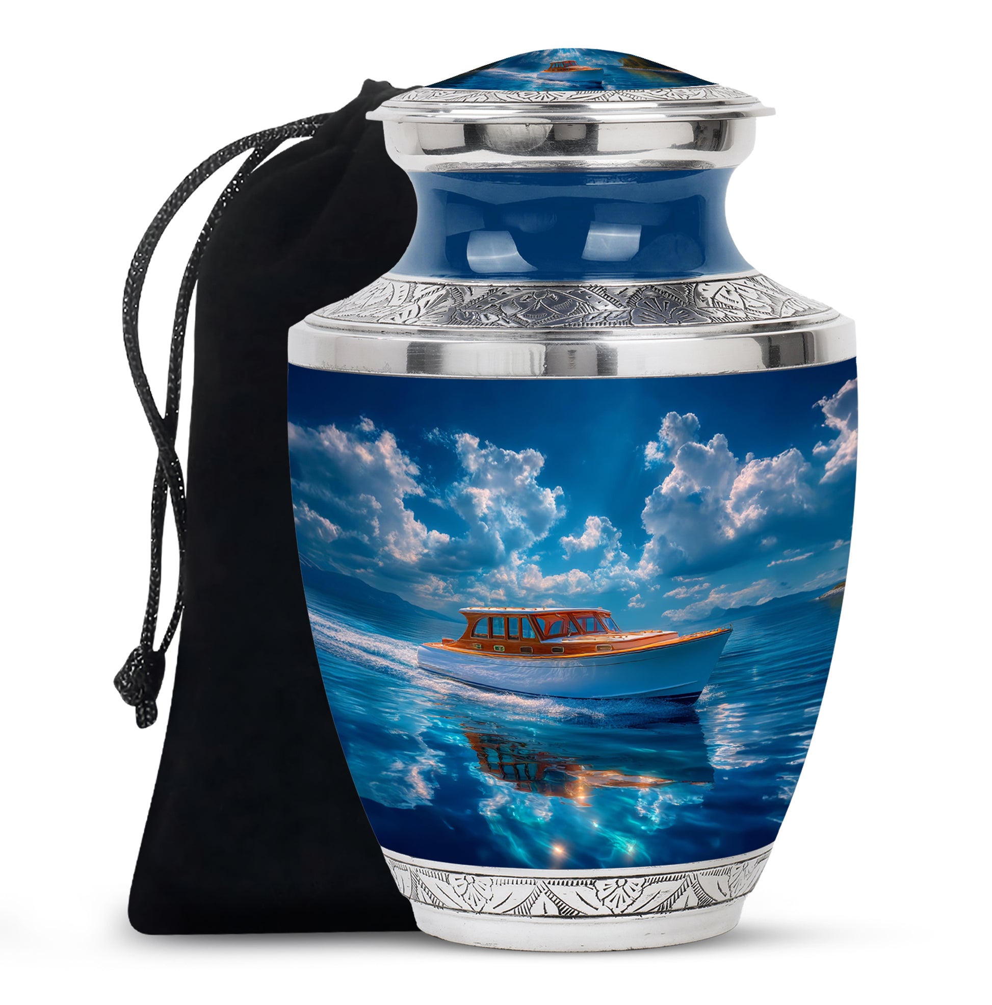 Powder Blue Boat Cremation Urn side profile showing urn shape - contemporary boat design with modern artistic flair - full-size 10 inch 200 cubic inch adult cremation urn