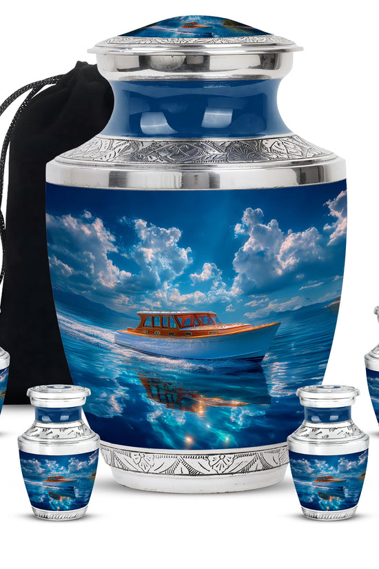 Sky Blue Boat Cremation Urn lifestyle display on memorial shelf - contemporary boat design with modern artistic flair - memorial set with one large and four small urns