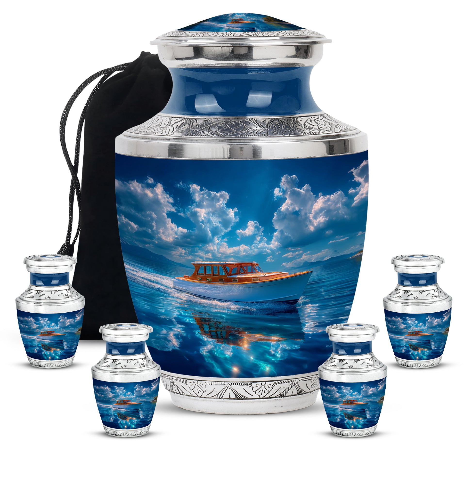 Sky Blue Boat Cremation Urn lifestyle display on memorial shelf - contemporary boat design with modern artistic flair - memorial set with one large and four small urns