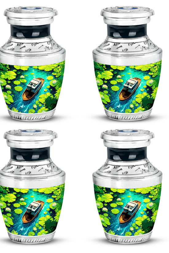 Steel Blue Boat Cremation Urn back view with polished surface - stylized abstract boat pattern with bold lines - 10 inch aluminum urn for cremated remains