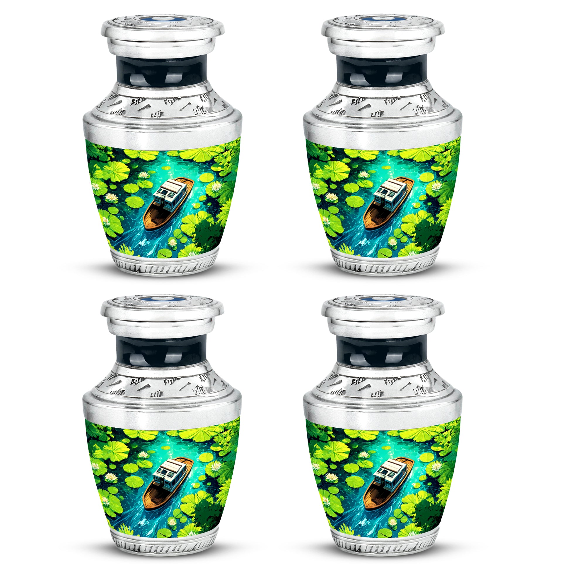 Steel Blue Boat Cremation Urn back view with polished surface - stylized abstract boat pattern with bold lines - 10 inch aluminum urn for cremated remains