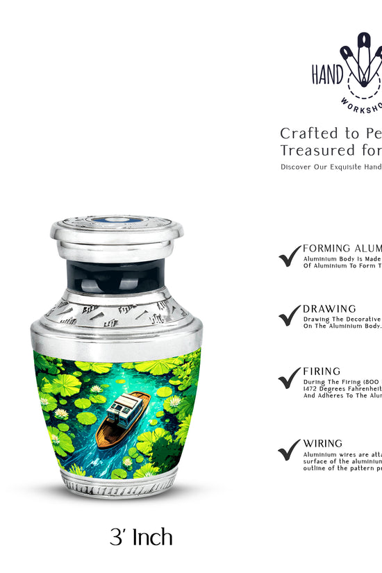Twilight Blue Boat Cremation Urn top-down view of secure threaded lid - artistic boat interpretation with creative detail - mini keepsake memorial for portion of cremation ashes