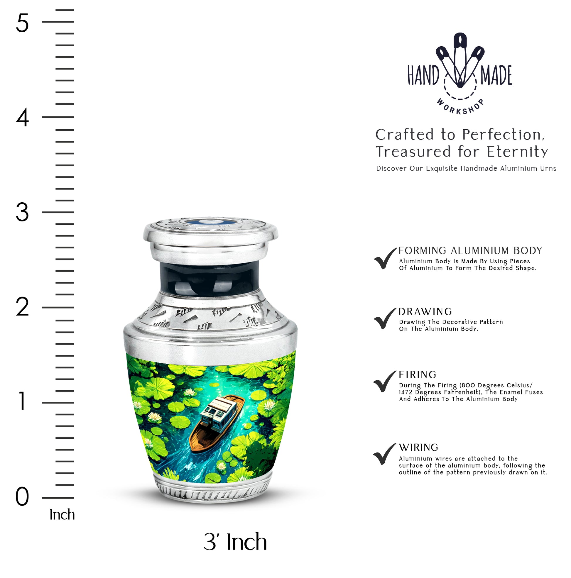 Twilight Blue Boat Cremation Urn top-down view of secure threaded lid - artistic boat interpretation with creative detail - mini keepsake memorial for portion of cremation ashes