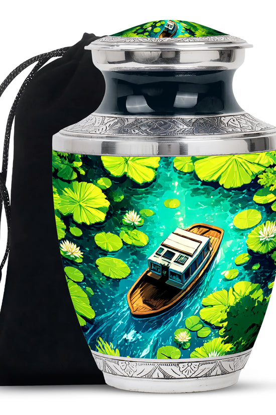 Celestial Blue Boat Cremation Urn side profile showing urn shape - modern art-inspired boat motif on sleek aluminum - full-size 10 inch 200 cubic inch adult cremation urn