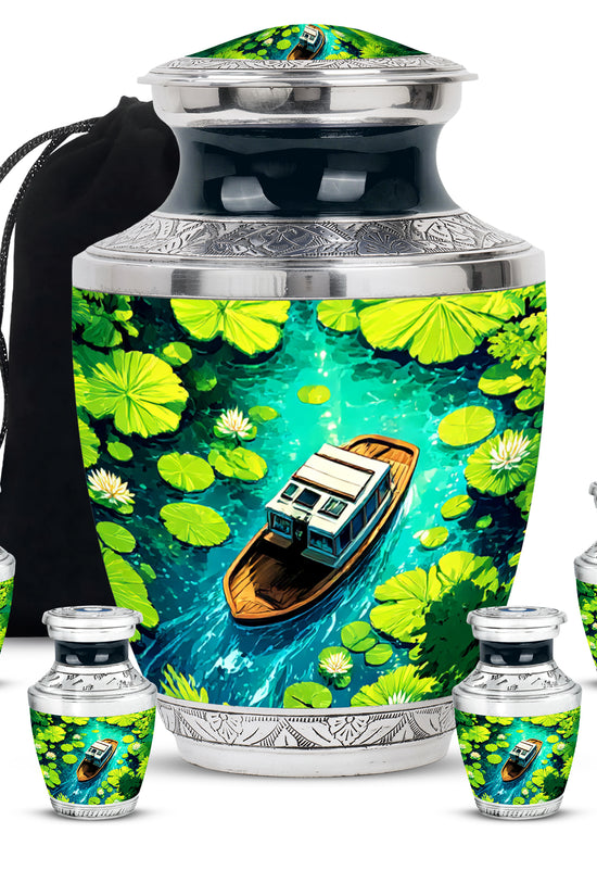 Vivid Blue Boat Cremation Urn lifestyle display on memorial shelf - artistic boat interpretation with creative detail - memorial set with one large and four small urns