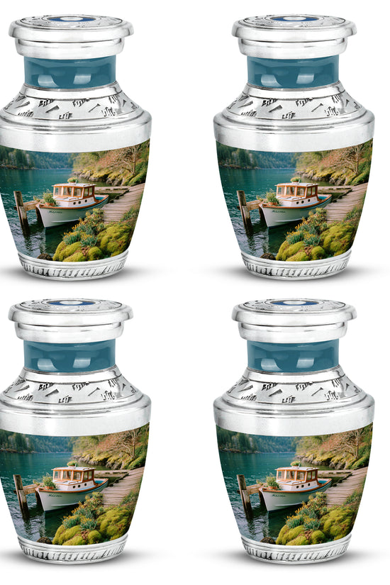 Vivid Teal Boat Cremation Urn back view with polished surface - stylized abstract boat pattern with bold lines - 10 inch aluminum urn for cremated remains