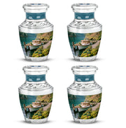 Vivid Teal Boat Cremation Urn back view with polished surface - stylized abstract boat pattern with bold lines - 10 inch aluminum urn for cremated remains