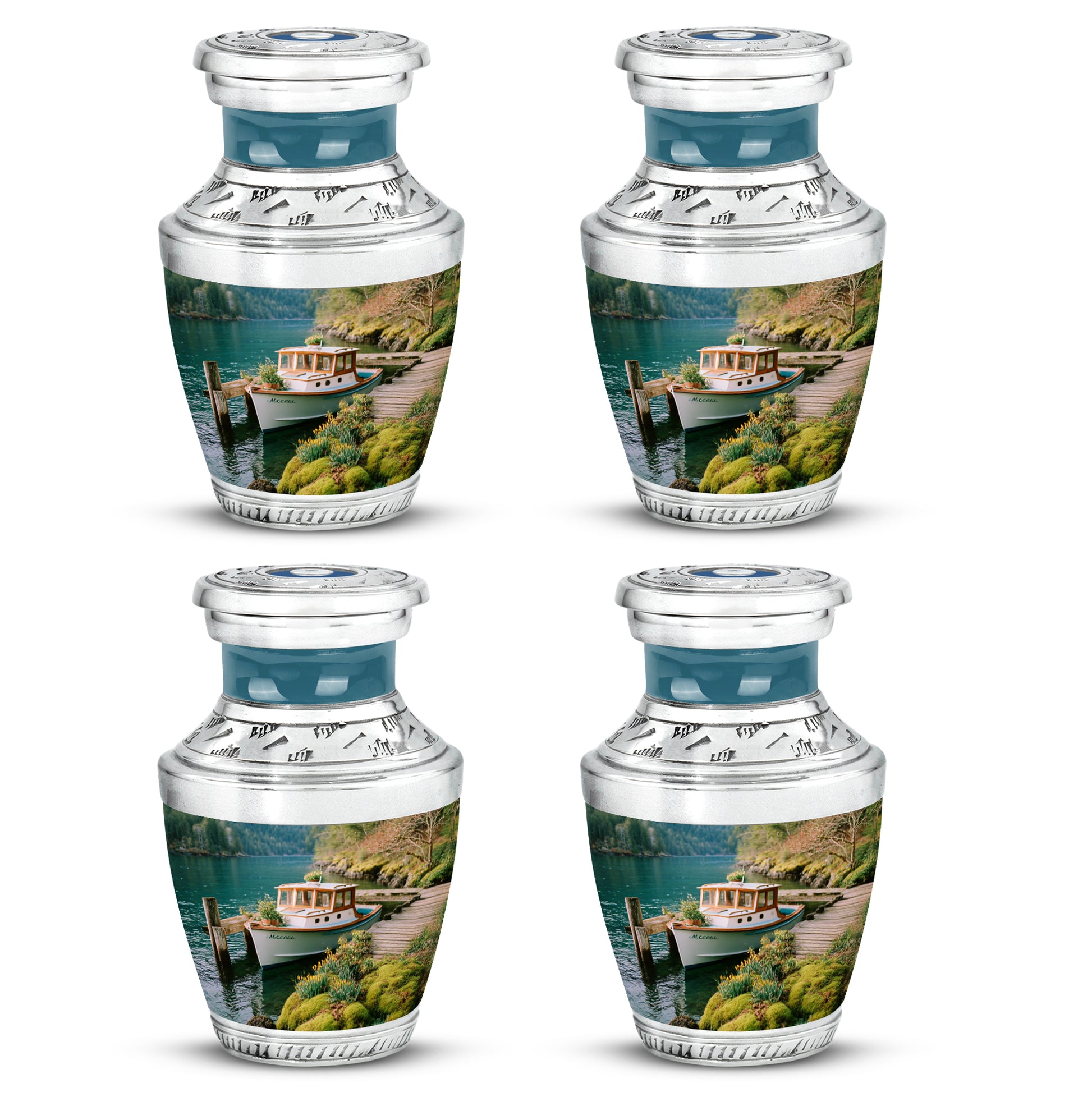 Vivid Teal Boat Cremation Urn back view with polished surface - stylized abstract boat pattern with bold lines - 10 inch aluminum urn for cremated remains