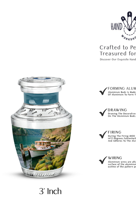 Jewel Teal Boat Cremation Urn top-down view of secure threaded lid - contemporary boat design with modern artistic flair - mini keepsake memorial for portion of cremation ashes