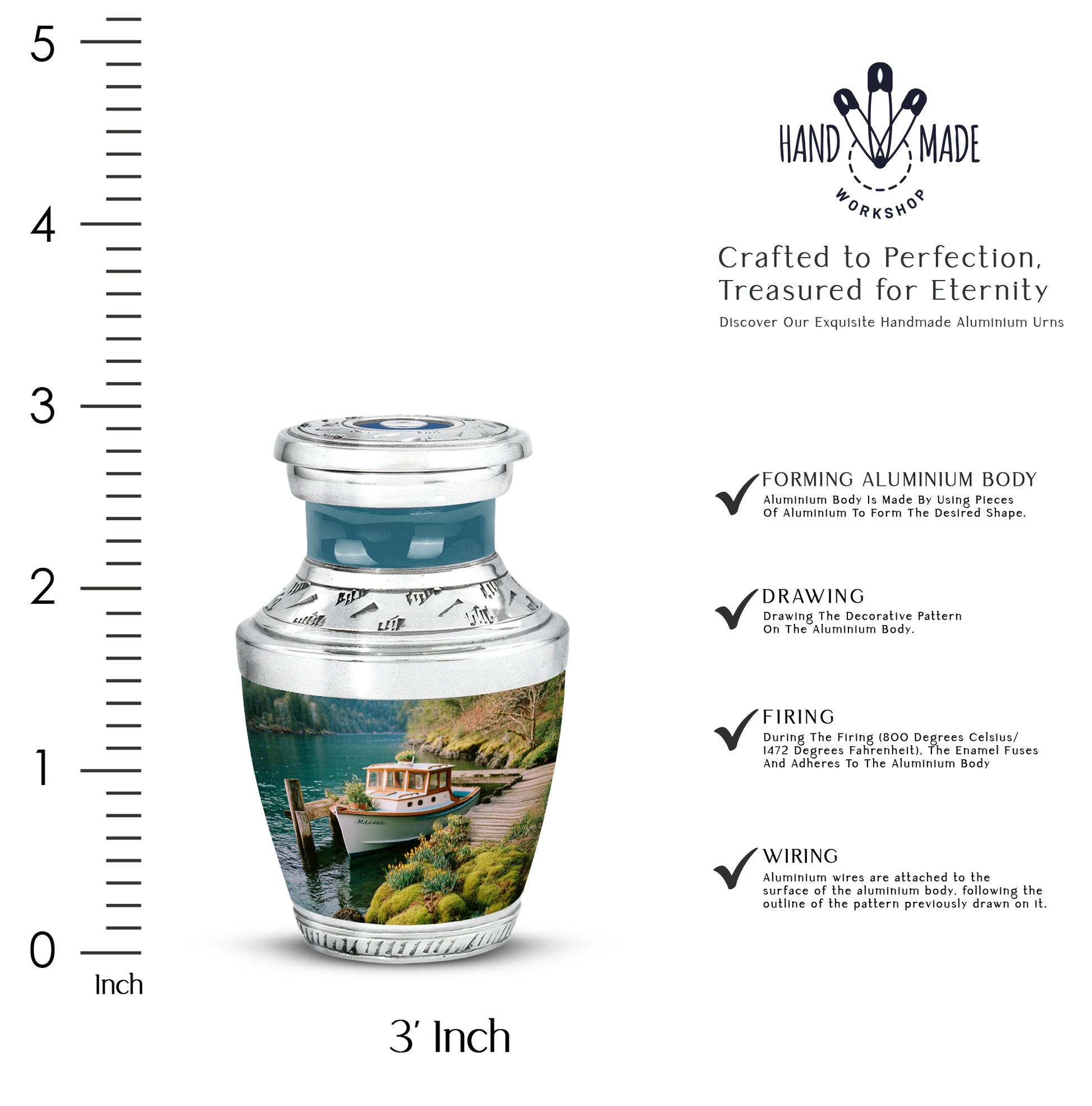 Jewel Teal Boat Cremation Urn top-down view of secure threaded lid - contemporary boat design with modern artistic flair - mini keepsake memorial for portion of cremation ashes