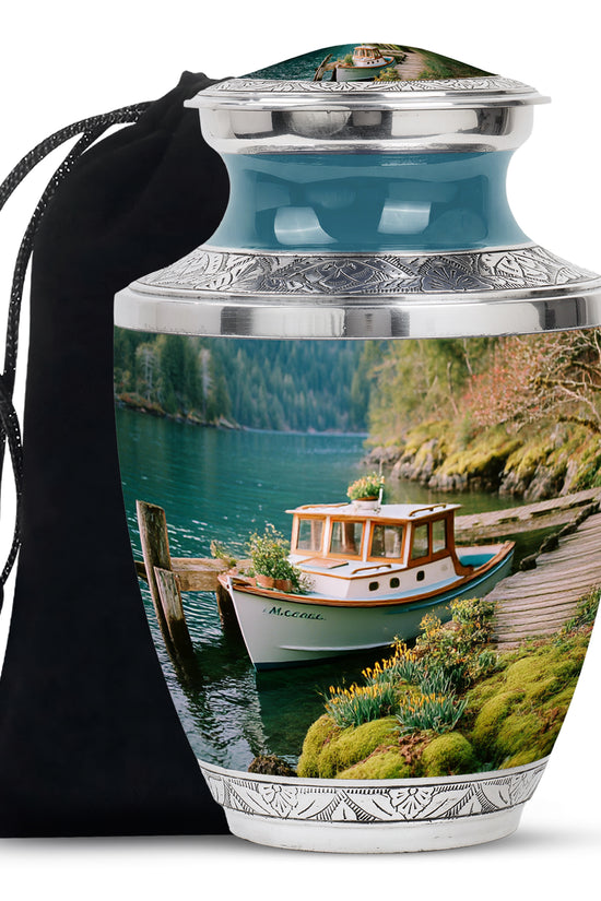 Soft Teal Boat Cremation Urn side profile showing urn shape - contemporary boat design with modern artistic flair - full-size 10 inch 200 cubic inch adult cremation urn